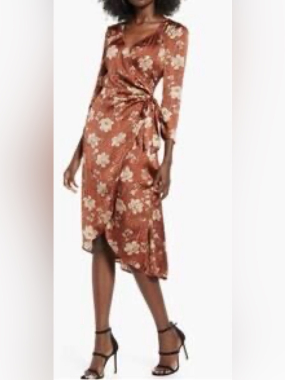 Leith - Brown Leopard Floral Long Sleeve Wrap Midi Dress SZ M